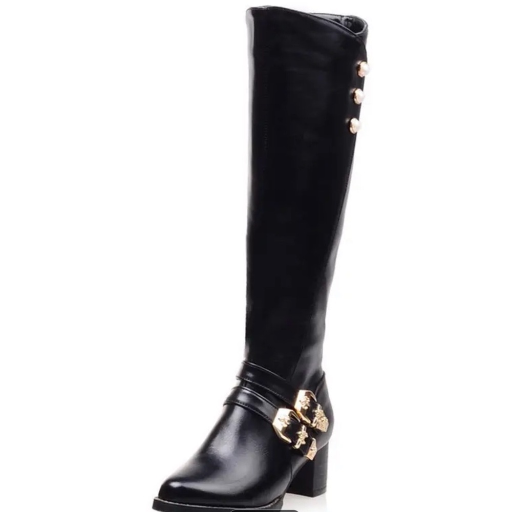 Hand Crafted Black Over the Knee Boots with Gold Details
